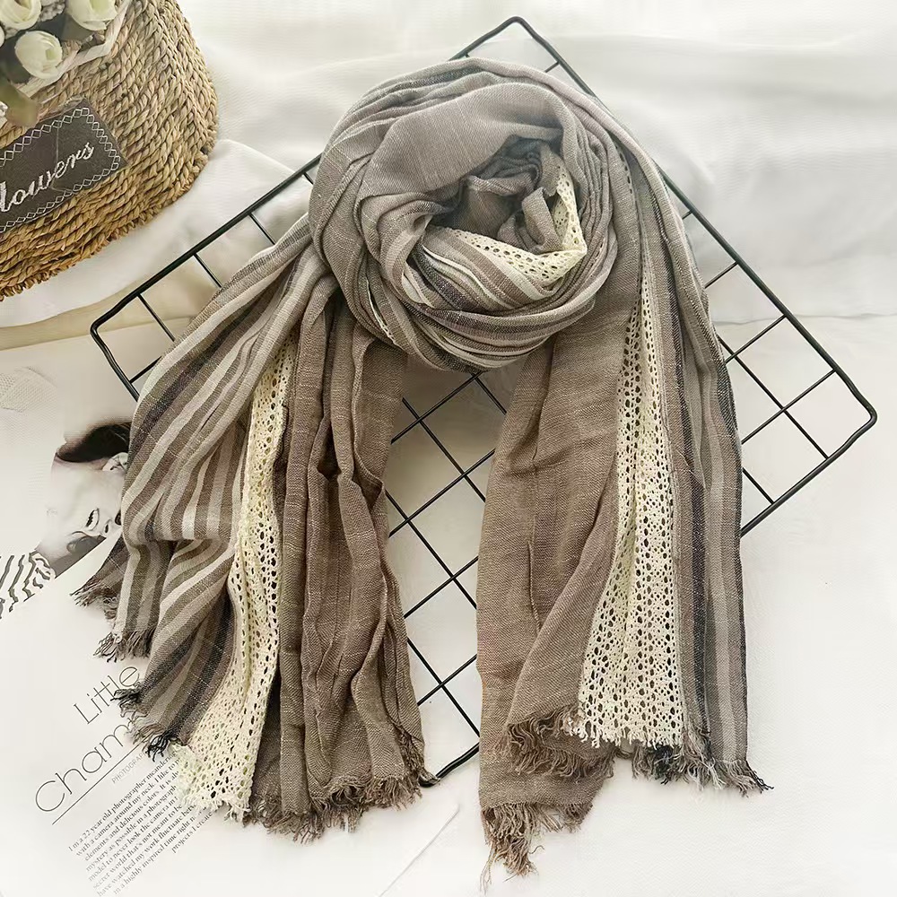 T270 cotton and linen scarf for women in spring, high-end 2025 new vertical stripes, versatile lace stitching shawl scarf