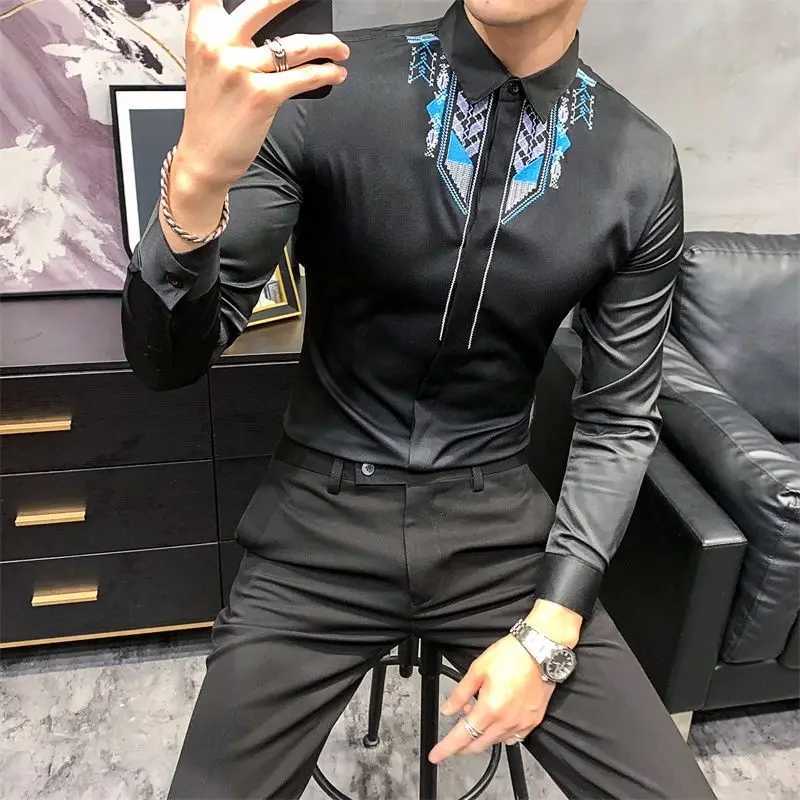 Mens Clothing Korean Fashion Non Iron Wrinkle Resistant Business Casual Shirt Vintage Embroidery Long Sleeve Slim Formal Tops W250312