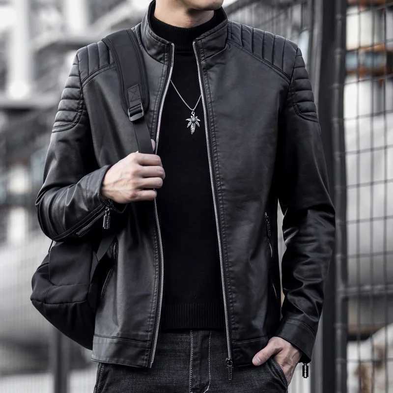 2024 Moto Pu Leather Jacket Men Winter Leahter Jacket Male Stand Collar Casual Windbreaker Trendy Mens Clothing Black BlueT250311