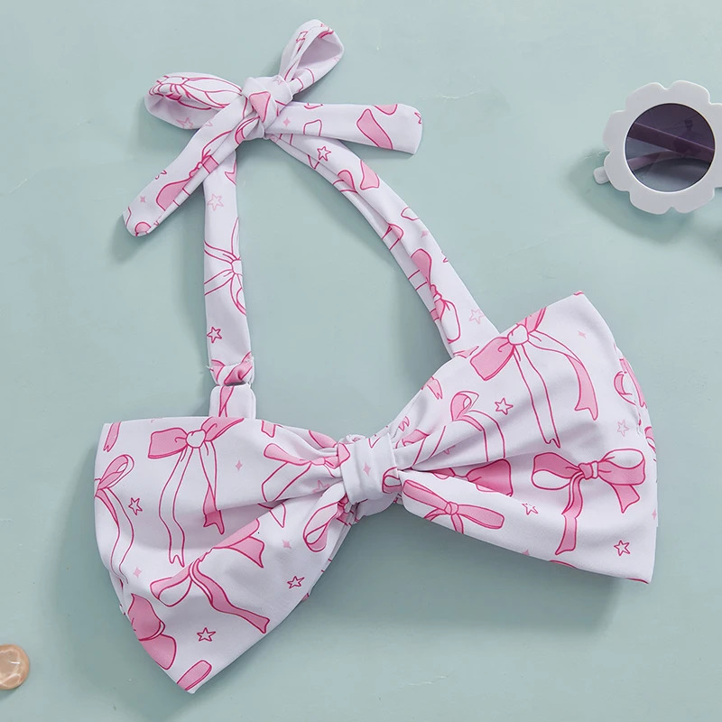 Suefunskry Kids Girls 2 Piece Swimsuits Summer Bow Print Halter Neck Bikini Tops and Elastic Shorts Set Bikini Bathing Suits 250311