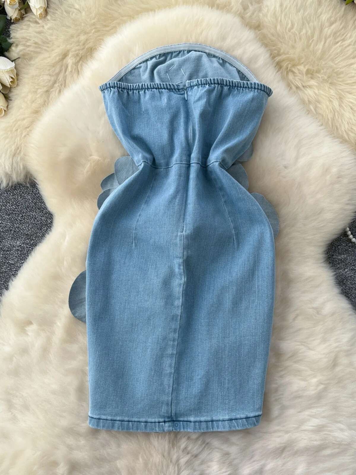Elegant 3D Wer Rose Short Party Dresses Women Summer Holiday Sleeveless Strapless Corset Blue Denim Jeans Dress Mini Vestidos