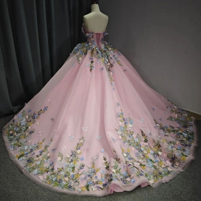 Pink Sweetheart Quinceanera Dresses Party Birthday Ball Gown Off The Shoulder 3D Applique Bow Beads Corset Princess For Sweet 16 Year Vestido De 15 An