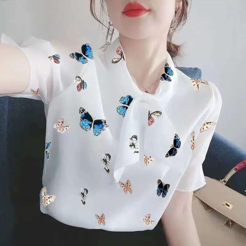 Elegant Fashion Haruku Slim Fit Female Clothes Loose Casual All Match Tops Printed Thin Style Short Sleeve Women Blouse