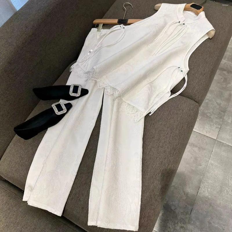 Womens Tracksuits Fashion High End Chinese Style Women Clothing Pan Button Shirt Vest Wide Leg Pants Set Summer Two Piece Outfits