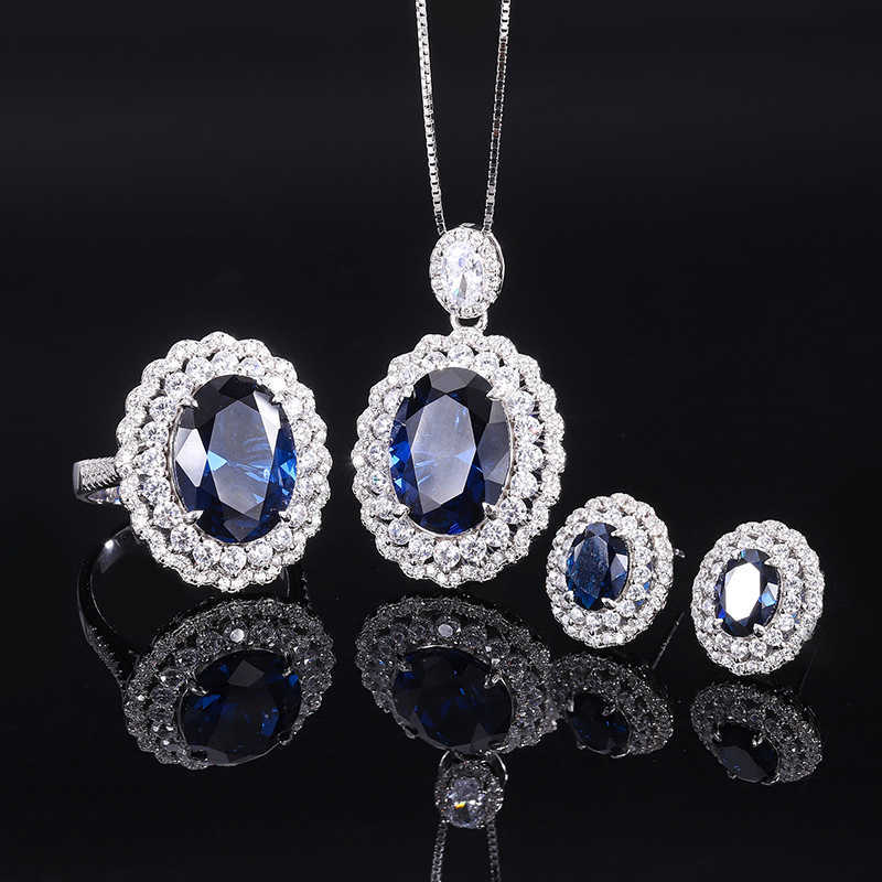 Zhuangsheng S925 Silver Simulation Tansan Blue Treasure Jewelry Set Main Stone 12 * 16-6 * 8 W250312