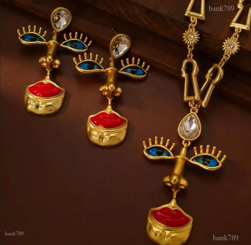 Vintage Women's Earrings Necklace Retro Red Lips Nose Eyes Marked 925 Silver Needle Electroplated Genuine Gold Three-Dimensional Design Schiapare