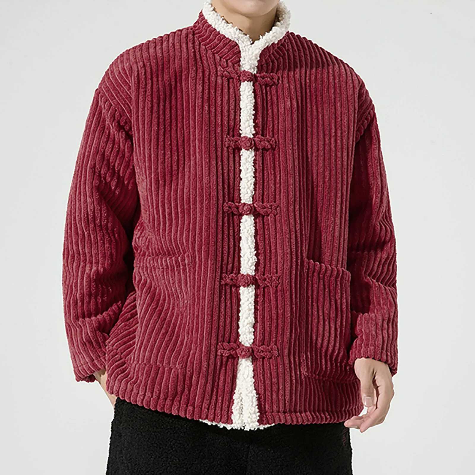 Chinese style mens warm spring festival long sleeved thick cotton jacket winter plush stand collar coral coat 250312