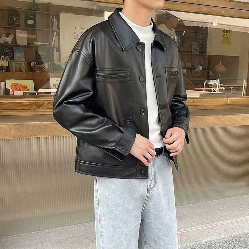 Autumn Mens Fashion Y2k Leather Jacket Trend Solid Color Lapel Casual Short American Street Slim Motorcycle Leather Jacket MenT250311