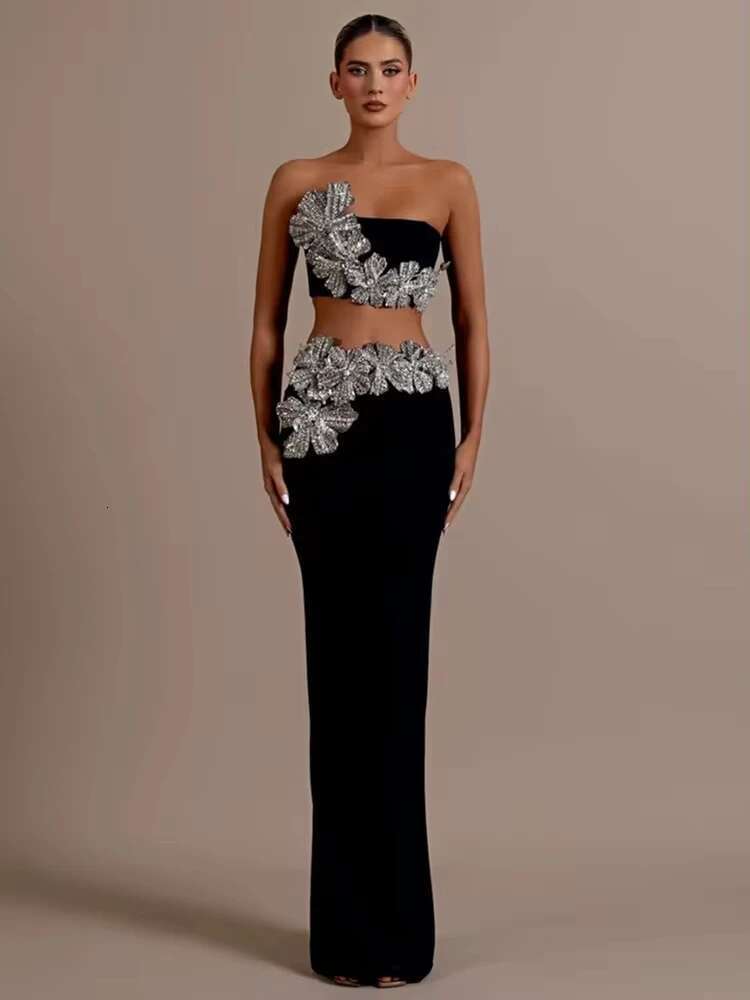 Women's Strapless Wer Dias Crystal Black Maxi Long Bandage Skirt Set 2024 Knitted Elegant Evening Club Party Clothing