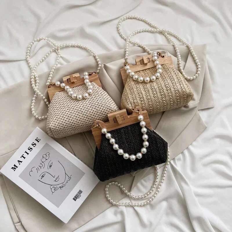 2025 Woven Women s Grass Shoulder New Summer Wooden Top Handle Clip Bag Designer Handbag Trend Women s Casual Wallet Fashion Crossbody Bag Mobile Phon