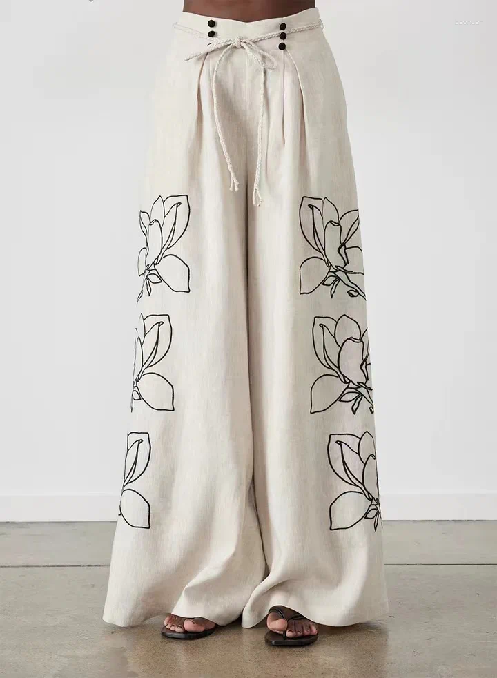 Womens Tracksuits Cotton Linen Women Elegant Two Piece Set Loose Long Sleeve Printed Shirt And High Waist Wide Leg Pants Casual Womens
