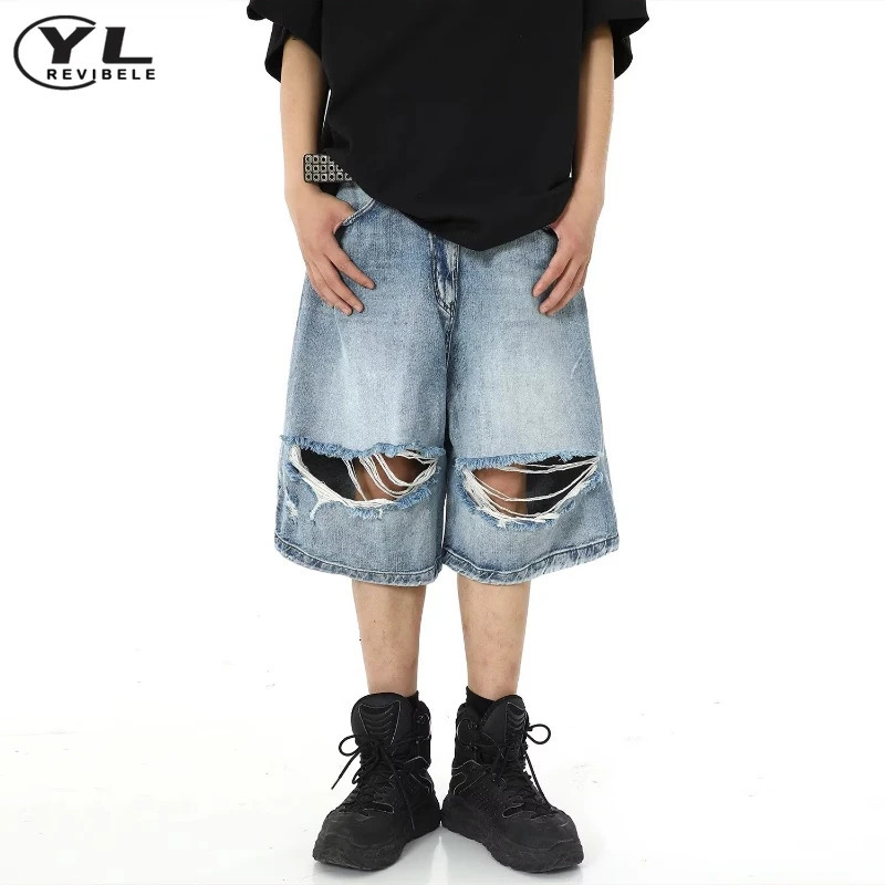 American hole jeans shorts mens summer fashion hiphop Harajuku washed denim street wide leg casual five point pants 250312