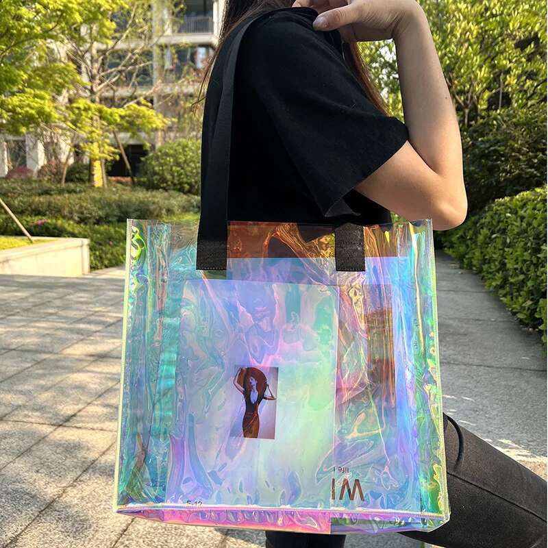 Iridescent Custom Pattern Holographic Transparent Waterproof Shoulder Tote Jelly Hand Carrying Gift Bag PVC Plastic