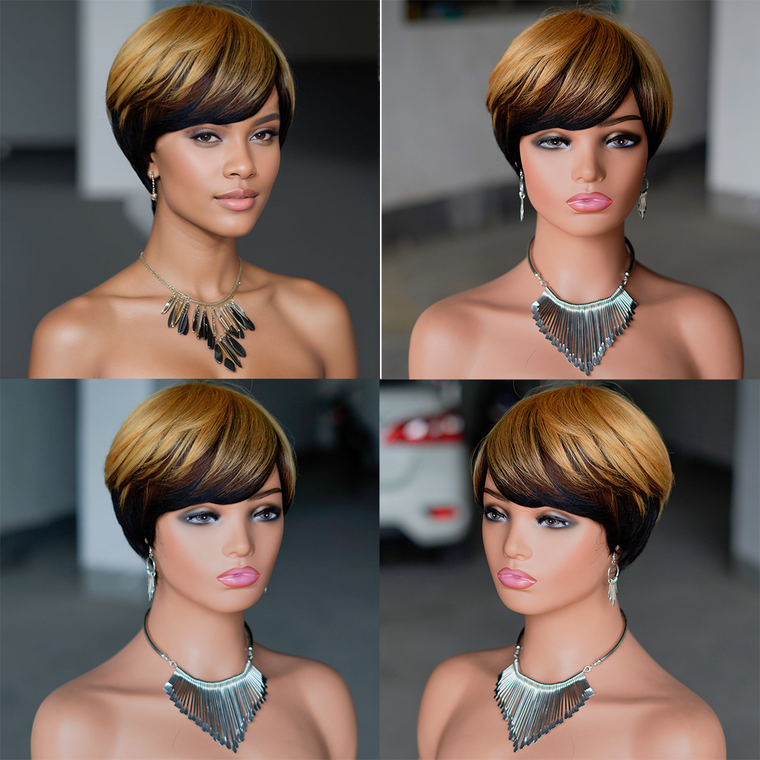 6 Inch Short Pixie Bob Wig 100% Human Hair Machine Made 3 Color Gradient Brown Ombre Full Cap Wig Ready to Ship for Women
