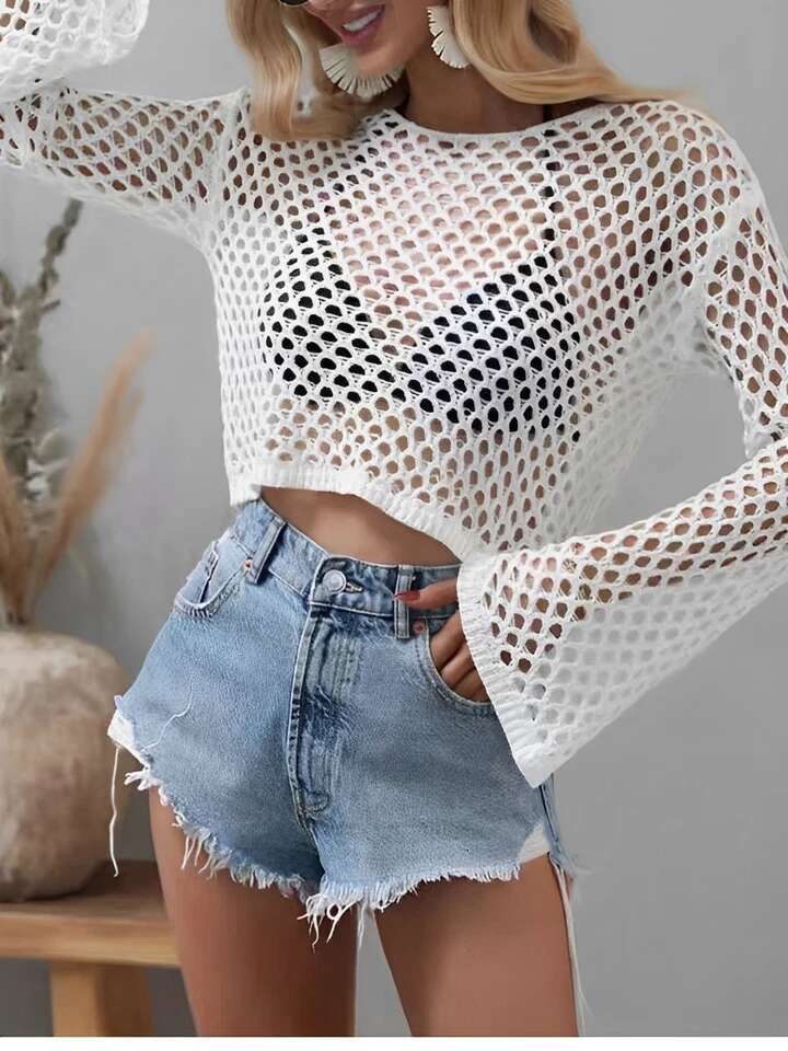 Women's Knitted Mesh Crochet Beach Shirt Solid Bikini Cover Ups Ladies Round-Neck Long Sleeve Tops 2025 Sexy Bathers Swim Bathing Suit Pullover B