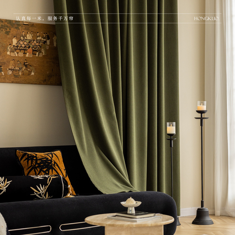 A933 High-weight cotton and linen texture blackout chenille curtains in antique style retro green cream rice with black edges Curtain