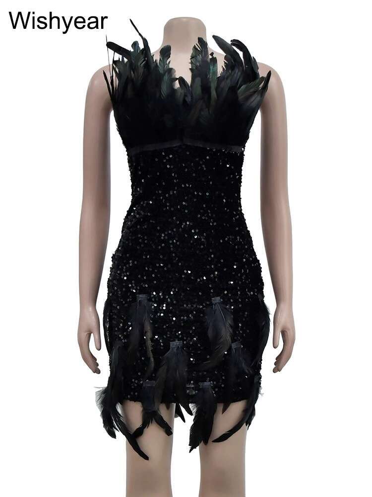 Year Birthday Party Women Short Dress Sexy Off Shoulder Strapless Glitter Sequin Veet Feather Evening Prom Vestidos