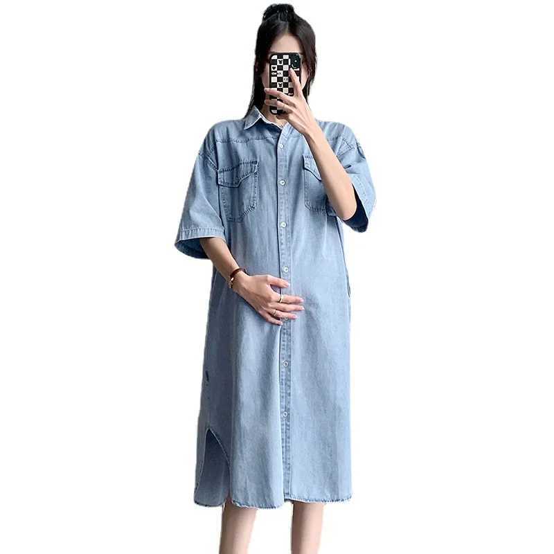 Shirt Styles Denim Maternity Dress Casual Loose Long Blouse For Pregnant Women Pregnancy Denim Midi DressT250311