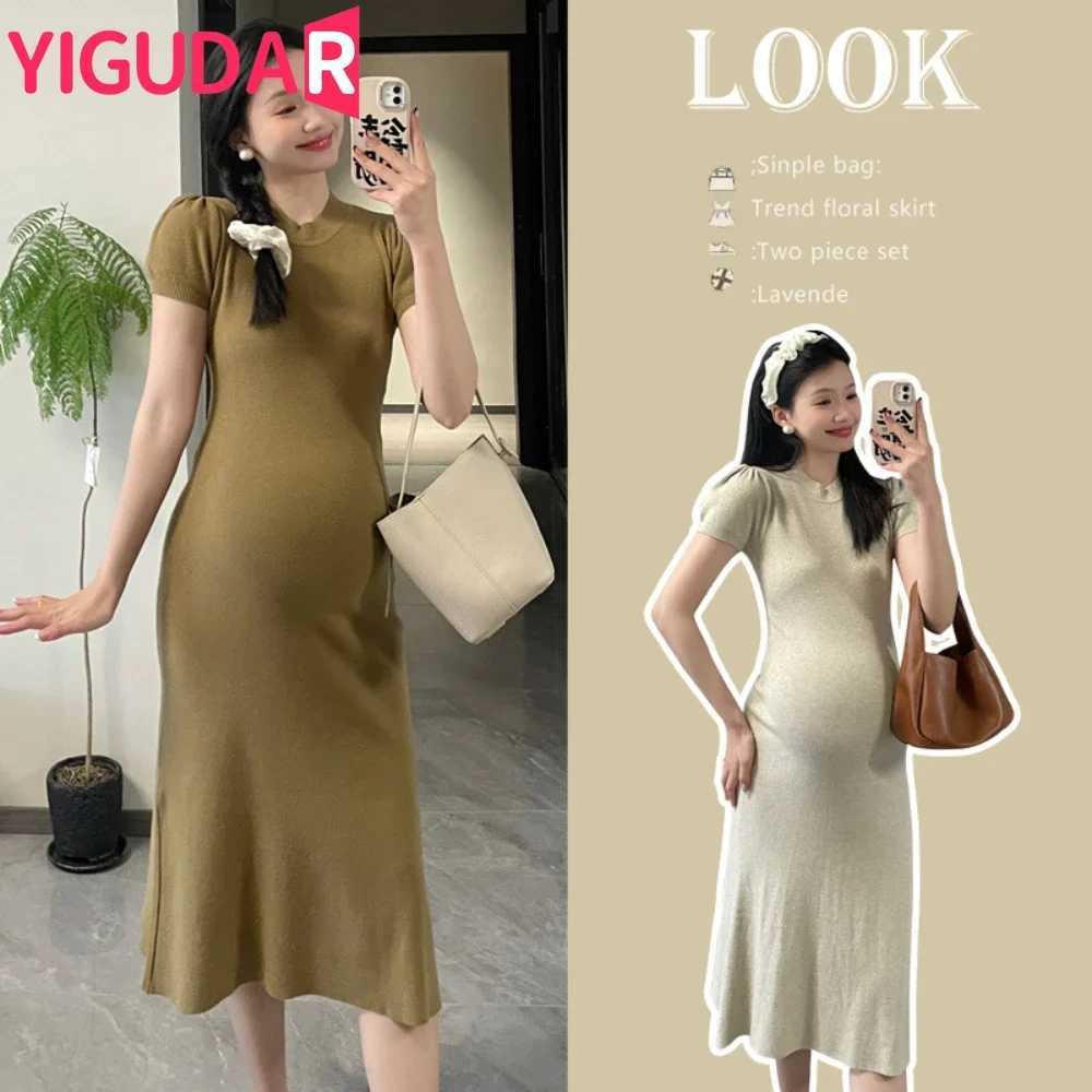 2024 New Maternity Clothes Summer French Style Bubble Sleeve Knitted Pregnancy Dresses Simple and Versatile Pregnancy DressT250311
