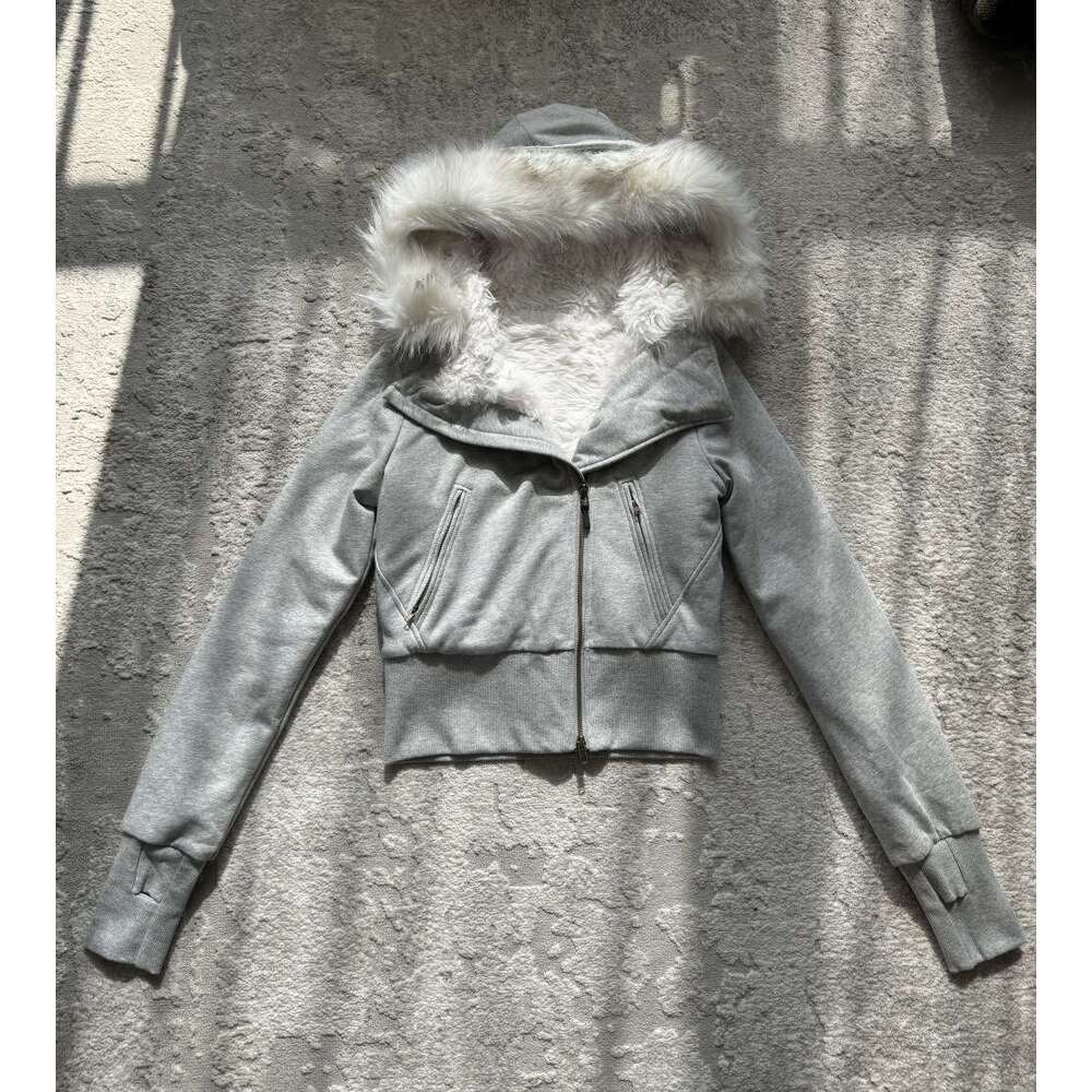 Autumn And Winter Hooded Fur Collar With Plush Inner Lining, Short Hoodie Women's Slimming Zipper Cotton Jacket, Y2k Cardigan