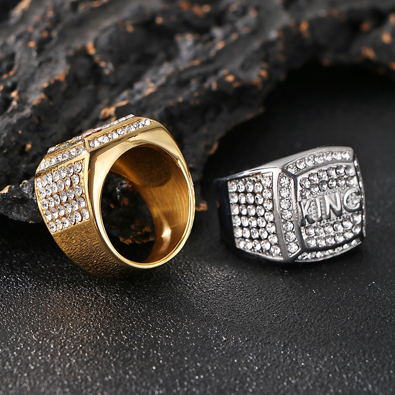 Hip Hop Square Stainless Steel KING Letter Casting Ring with Zirons Jewelry