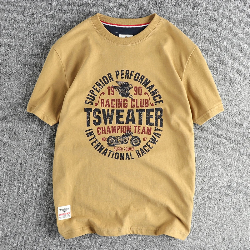 Summer personalized motorcycle elements letter pattern short sleeve Tshirt men retro trend youth american half 250312