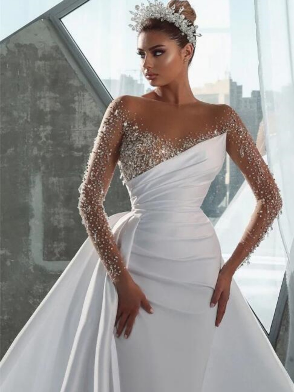 Luxury Mermaid Wedding Dress Beaded Crystal Lace O Neck Bride Gowns Long Sleeve Detachable Sweep Train Bridal Dresses Customized