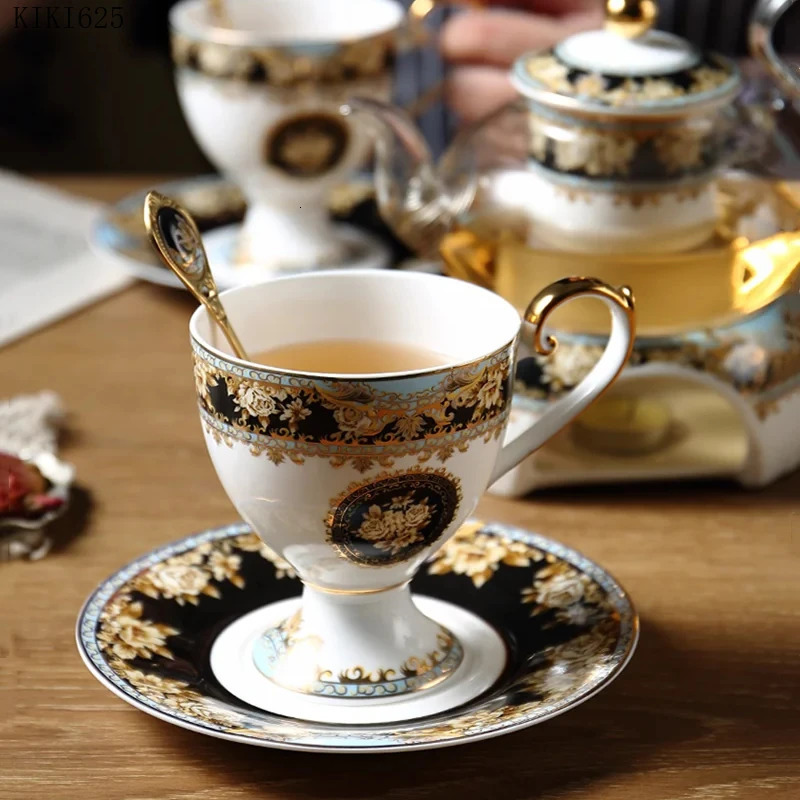 European Ceramic Coffee Mug Vintage Gold Border Afternoon Tea Cup Tea Set Home Exquisite Mug Birthday Gift Home Decor 250311
