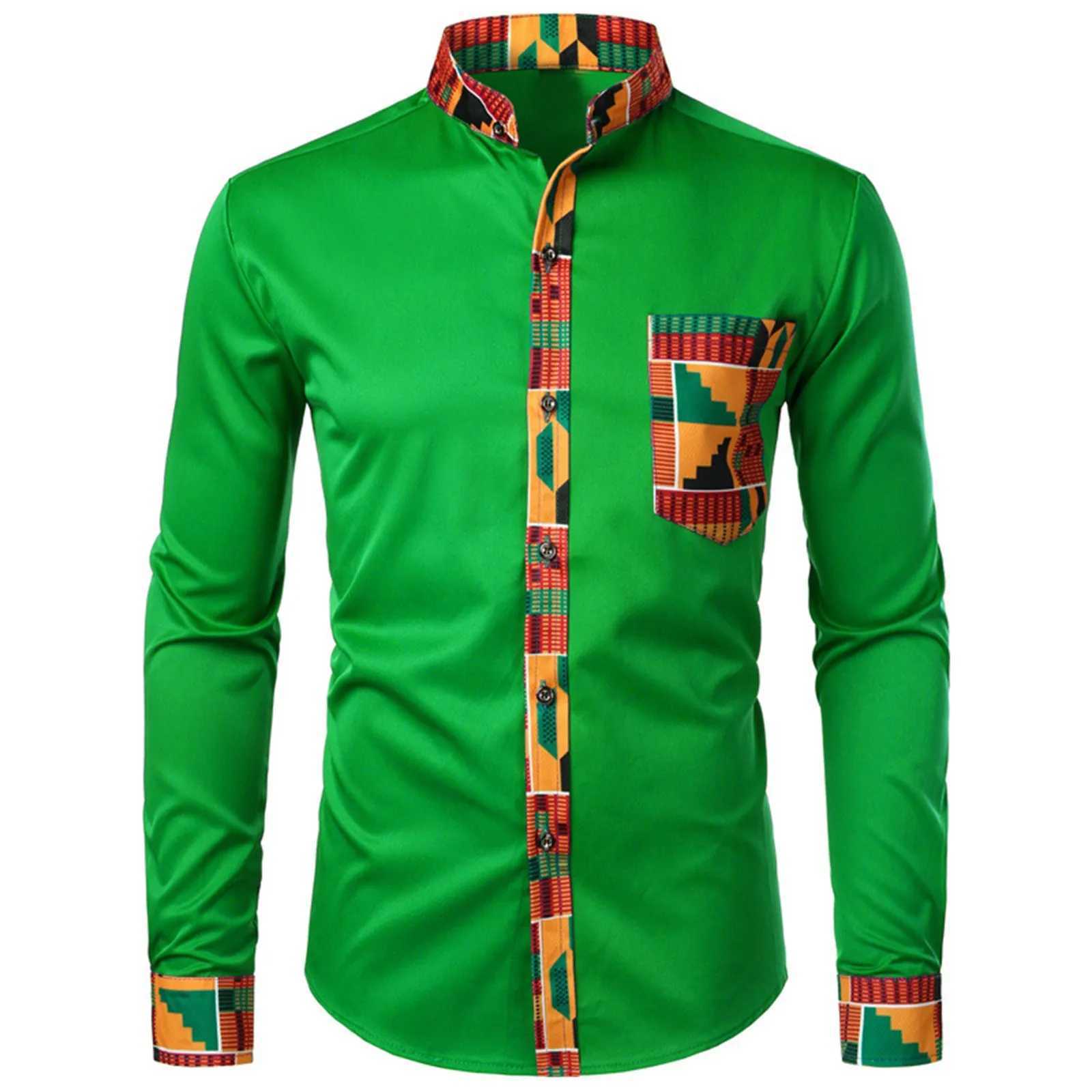 Mens shirt mens African long sleeved printed patch work design button top seaside vacation casual plus size W250312