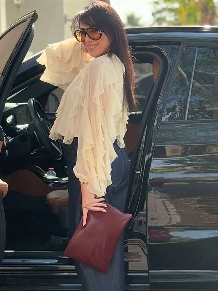 Fashion Women V Neck Ruffles Lantern Long Sleeve Shirt Elegant Solid Mesh Single Breasted Blouse 2025 Commute High Street Outfit