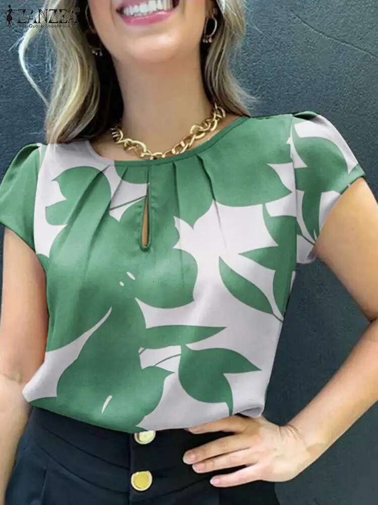ZANZEA Summer Fashion Ral Printed Blouse Bohemian Holiday Tops Woman Elegant Short Sleeve Work Shirt Casual Pleated Blsuas