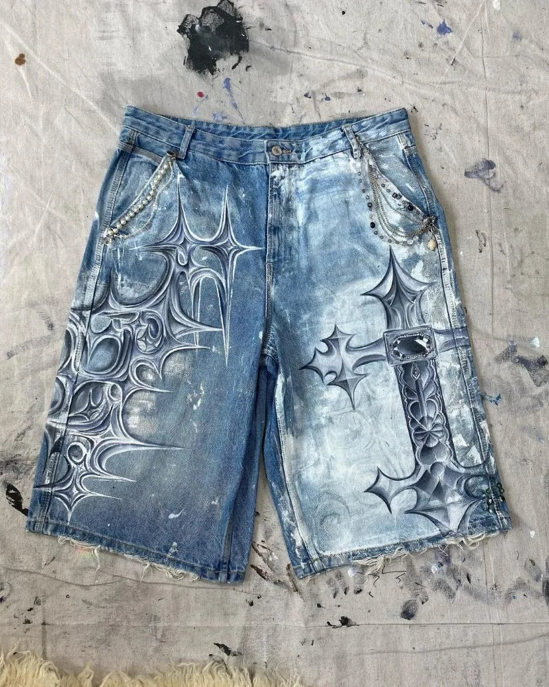 High Street Fashion High Waist Washed Denim Shorts Women Y2k American Hip Hop Rock Fashion Graffiti Oversized Shorts Men 250310