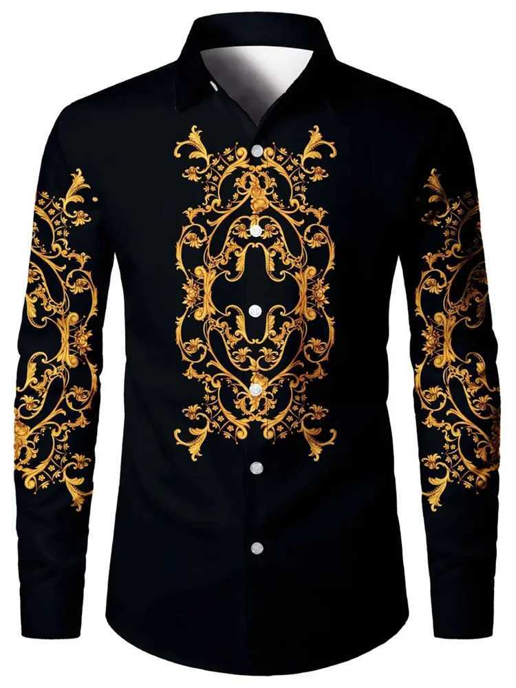 New Retro Mens Lapel Shirt Mens Exquisite Ethnic Print Slim Shirt New Fall Fashion Office Long-sleeved Blouse Elegant Shirt W250312