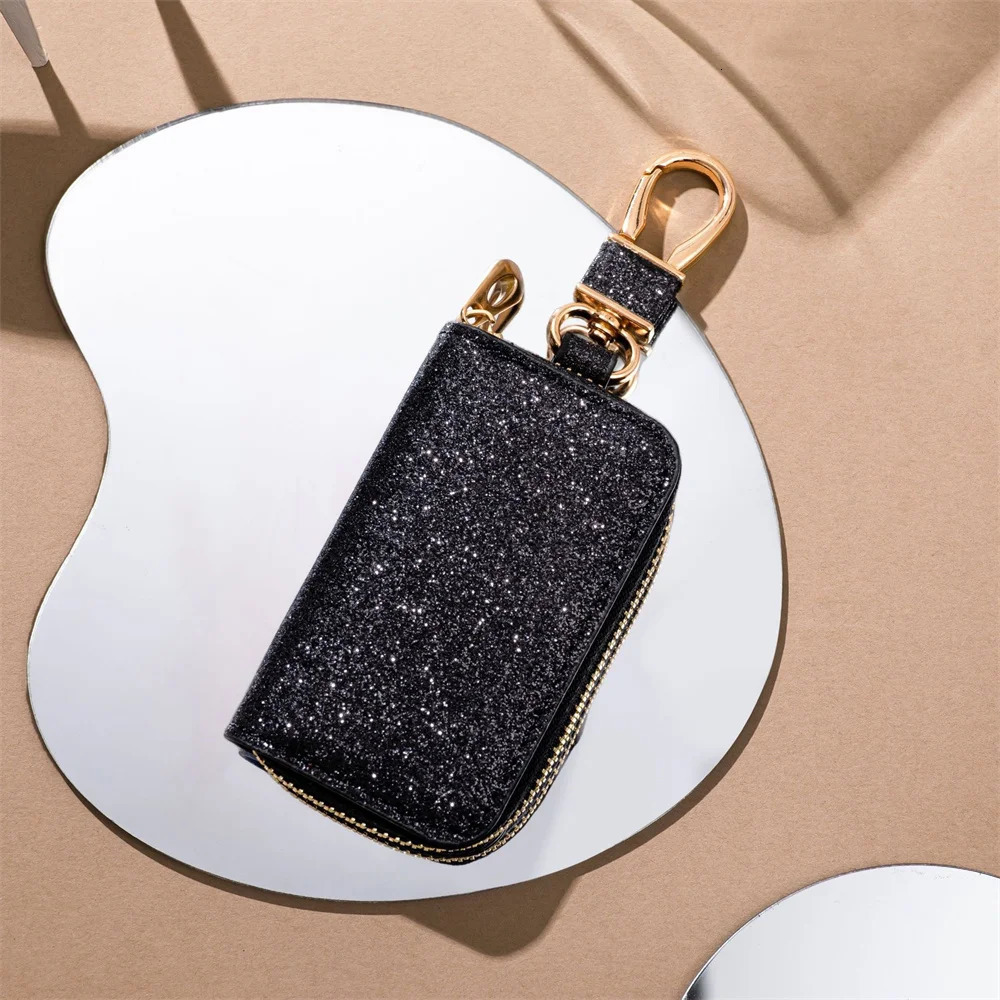 Leather Key Bag With Keychain Creative Shiny Coin Purse Mini Portable Storage Bag Pendant Glitter Zipper Key Holder Pouch 250311