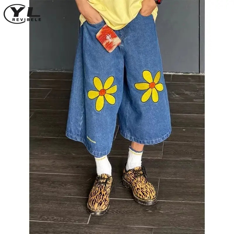 Floral pattern jeans shorts mens summer blue casual bag straight five point pants Y2k fashionable retro wide leg sports 250312