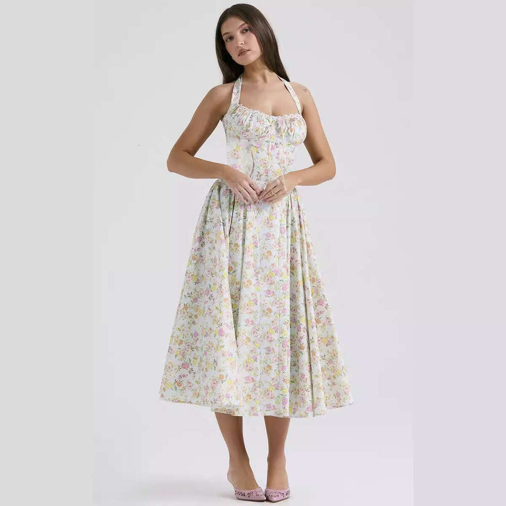 summer slim fit camisole long European and American style fashionable printed neck hanging lace dress, 2025 temperament versatile new trendy clothing 