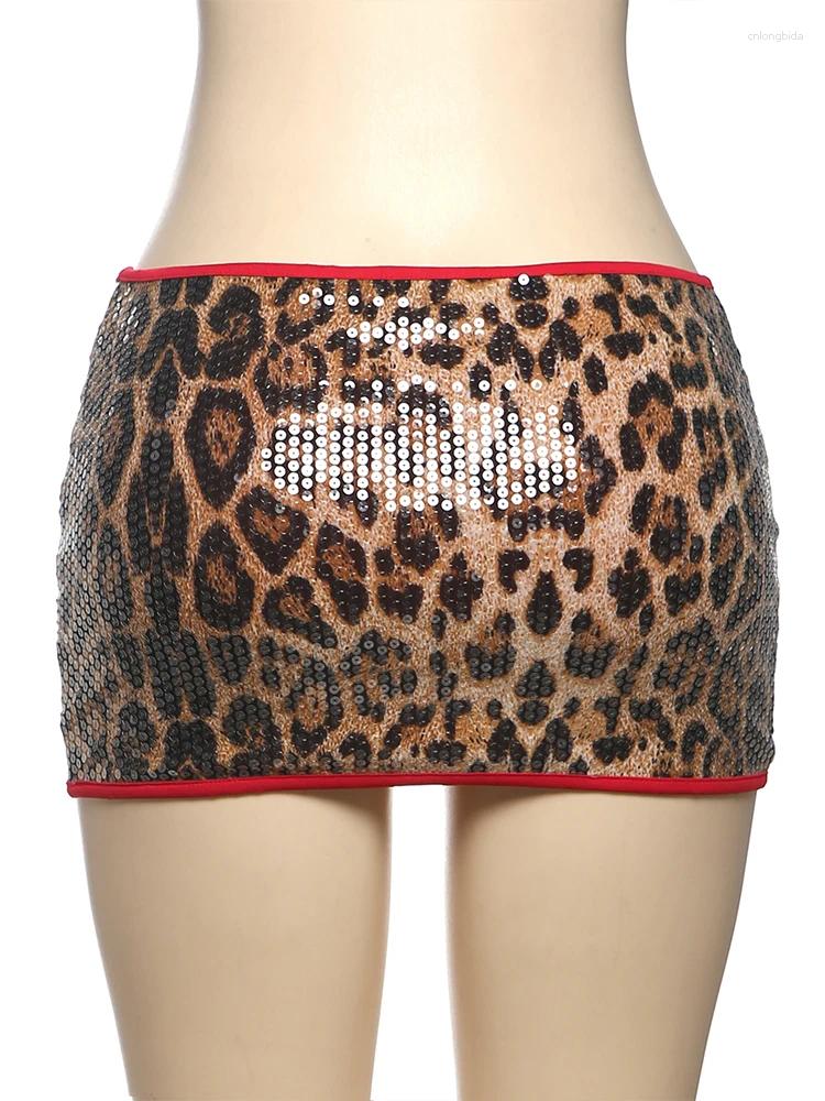 Skirts Weird Puss Sequin Leopard Print Women Y2K Hipster Vintage Sexy Wild Midnigh Coquette Club Party Peach Hip Mini Bottoms