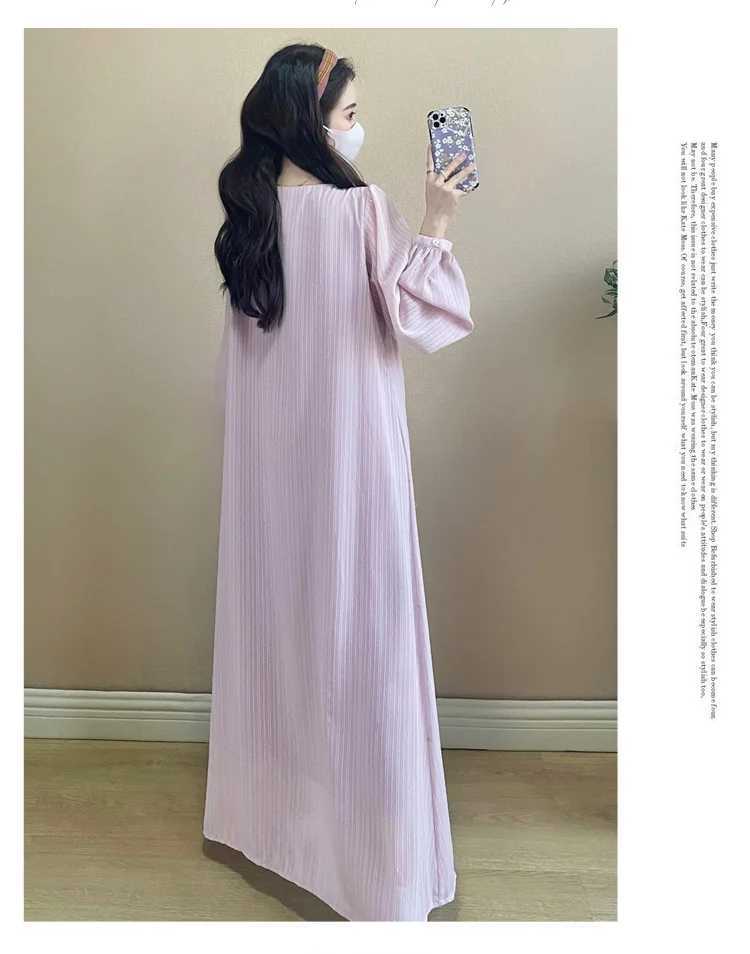 Korean Style Maternity Floor-length Dress Plus Size Lantern Sleeve V-neck Pregnant Woman Beach Dresses PinkT250311