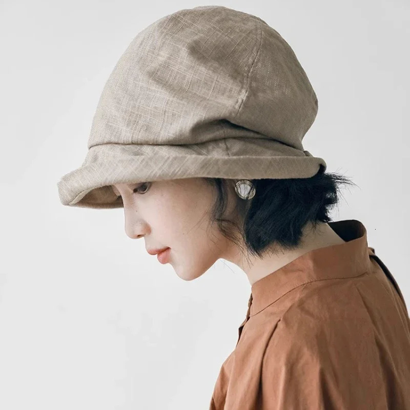Japanese Cotton Linen Pleated Women Fisherman Hat Small Brim Summer UV Resistant Breathable Bucket Wrapped Head Ladies 250304