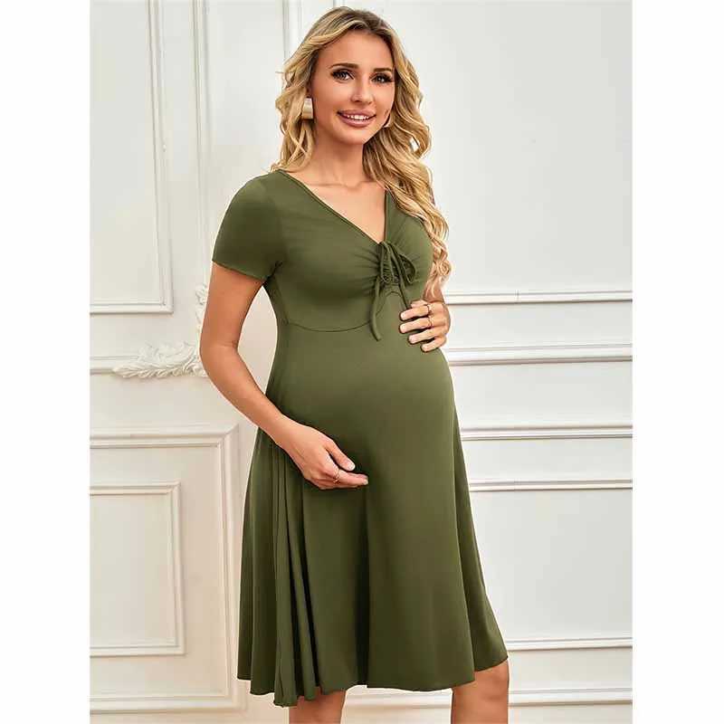 New Pregnancy Woman Dress Solid Photography Clothes Short Sleeve Dresses Soft Maternity V Neck Skirt Photoshoot PropsT250311