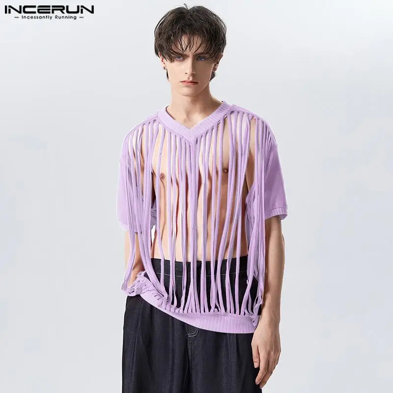 Fashion casual style top INCERUN mens short sleeved knitted Vneck printed Tshirt sexy and comfortable selling hollow vest 250312
