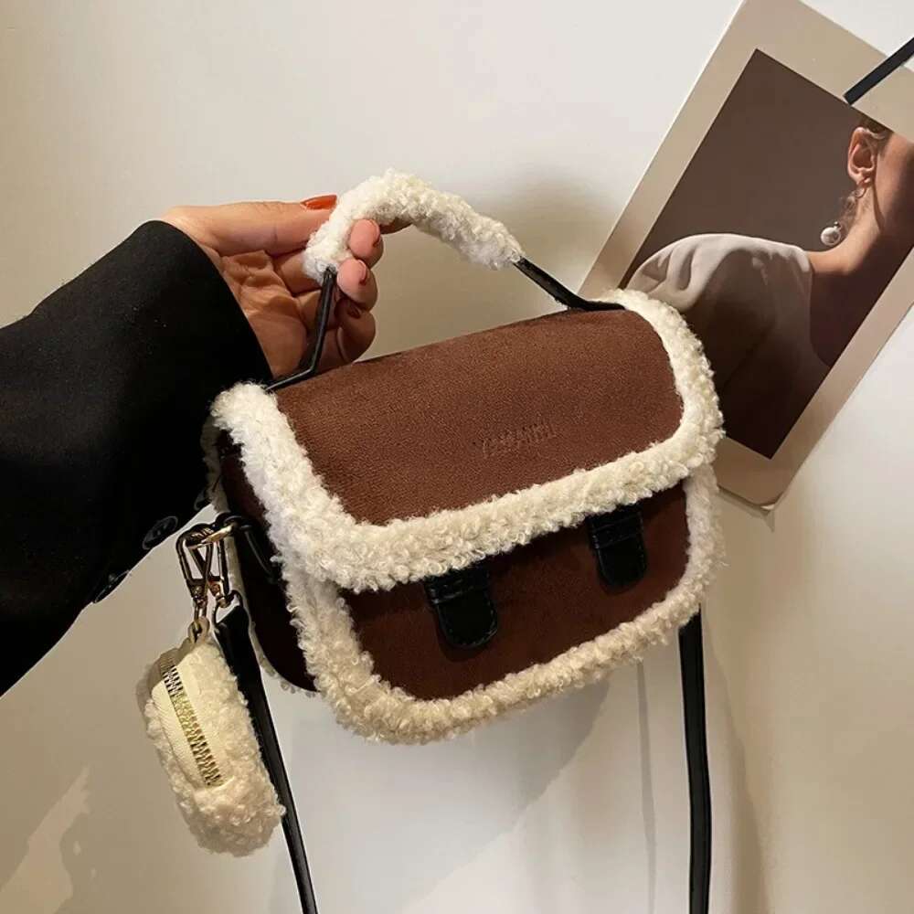 2024 Winter New Women's Plush Small Square Color Contrast Design Single Shoulder Crossbody Bag Brown Handbag Bolsas De Mujer