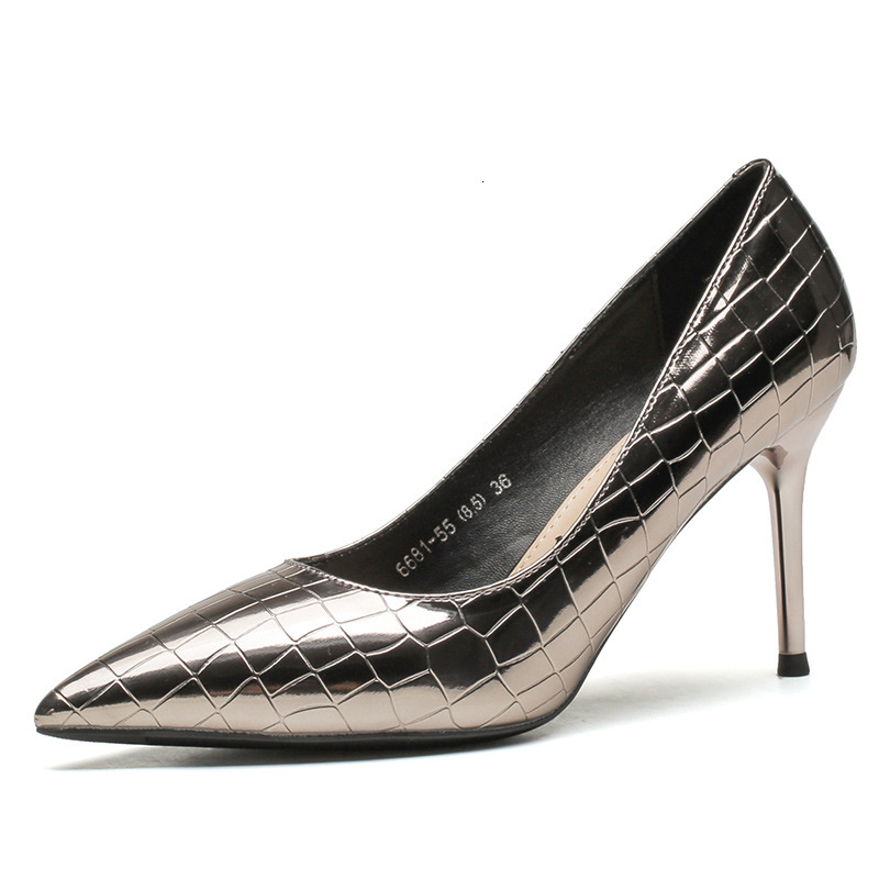 2025 Designer shoes Korean Checkered High Heels Women's Style Thin Heels, Shallow Mouth, Pointed Toe, Lacquer Leather, Silver Annual Meeting Styl