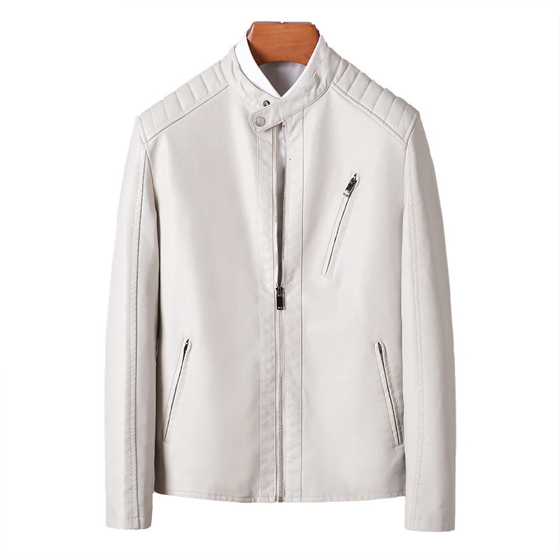 Mens white leather jacket fashion trend simple personality mens autumn spring PU winter slim fit windproof 250312