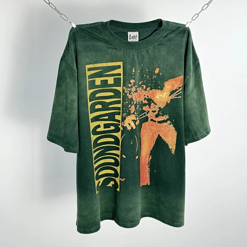 Vintage Washed Green T Shirt Men Women Hip Hop Graphics Print Oversized Tee Top Quality Cotton T-Shirt