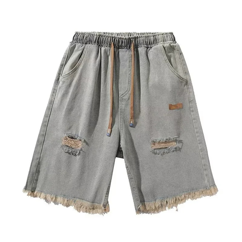 Summer Y2K retro mens jeans shorts streetwear torn Bermuda Jorts drawstring pocket wide leg blue denim 250312