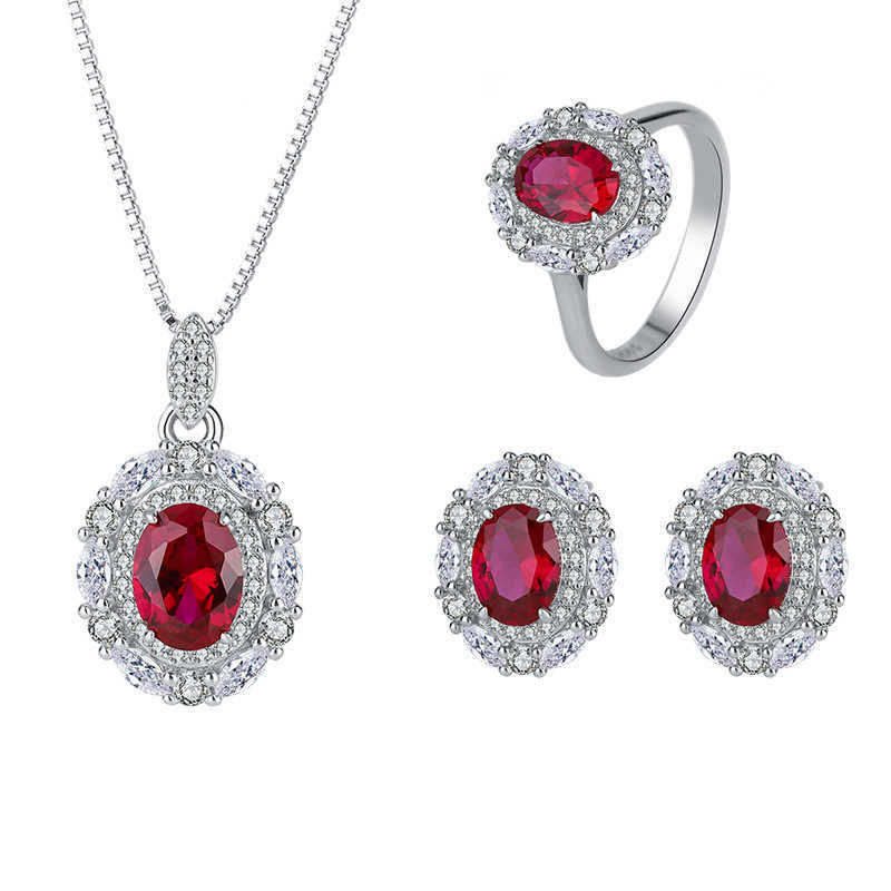 2024 New Zhuangsheng Copper Bottom Gold Plated Simulation Pigeon Blood Red Corundum Elliptical Minimalist Style Set for Women 6 * 8 W250312