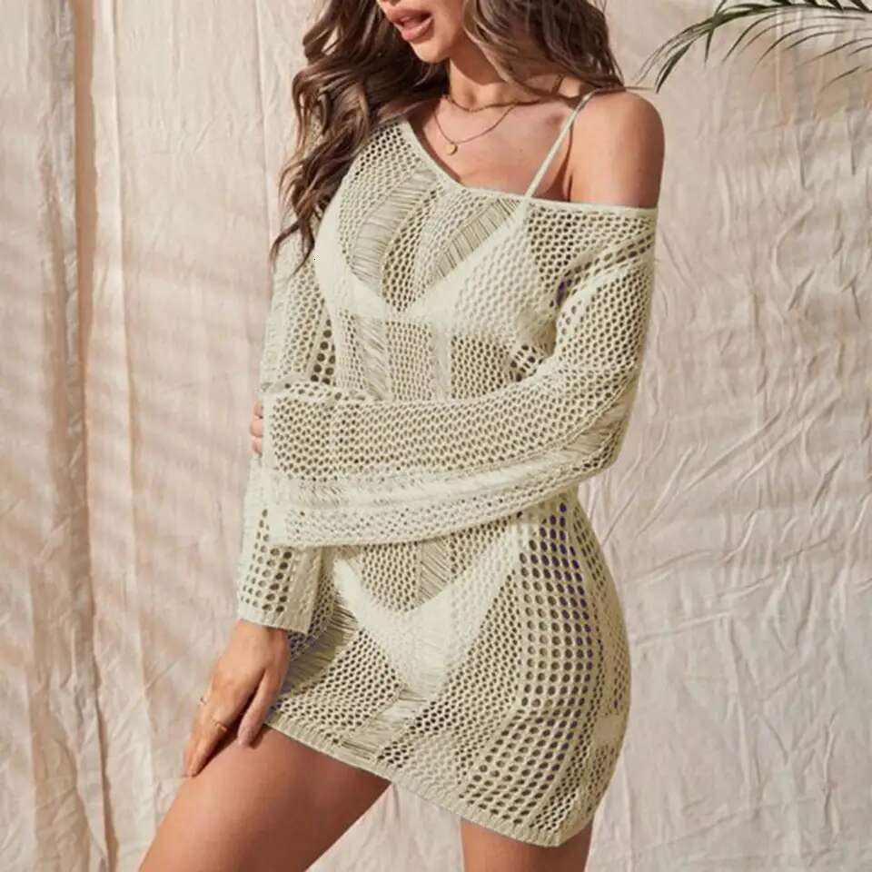 Women Swimsuit Crochet Cover-Up Solid Color Long Sleeve Sheer Knit Lady Beach Swimwear Sexy Hollow Backless Tunic Top For Summer