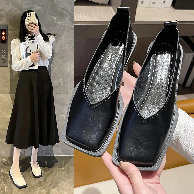 2024 Flat Shoes Women Square Toe Single Shoes Simple Temperament Leather Shoes Spring Autumn 4 Colors 250305