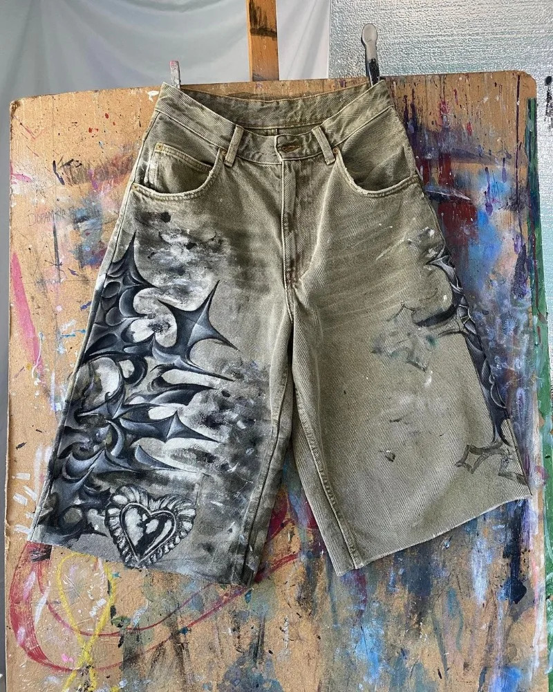 High Street Fashion High Waist Washed Denim Shorts Women Y2k American Hip Hop Rock Fashion Graffiti Oversized Shorts Men 250310